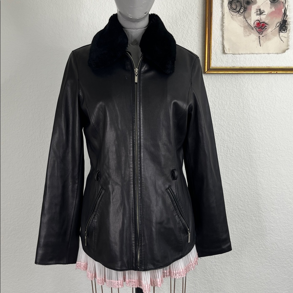 Winlit Leather Jacket Fur Collar Belted Midi Thinsulate - Picture 4 of 10